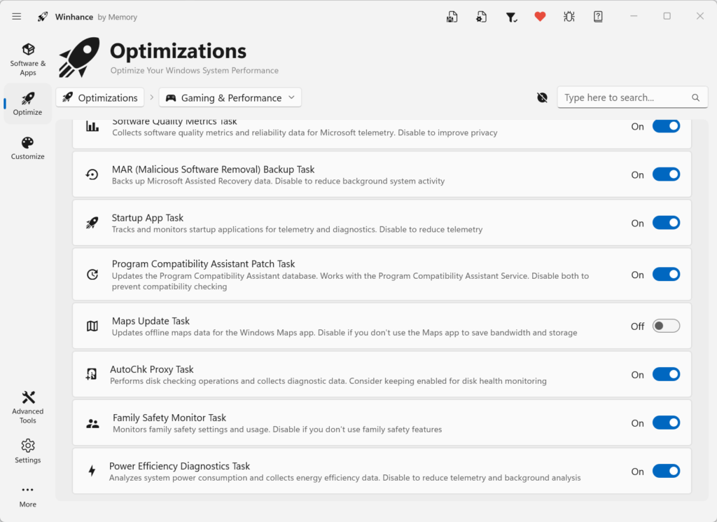 disabling unused features with winhance can free up ram