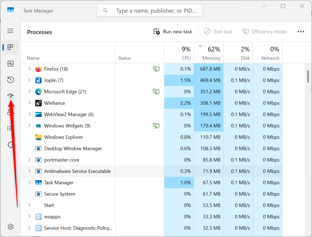 the startup apps in the task manager