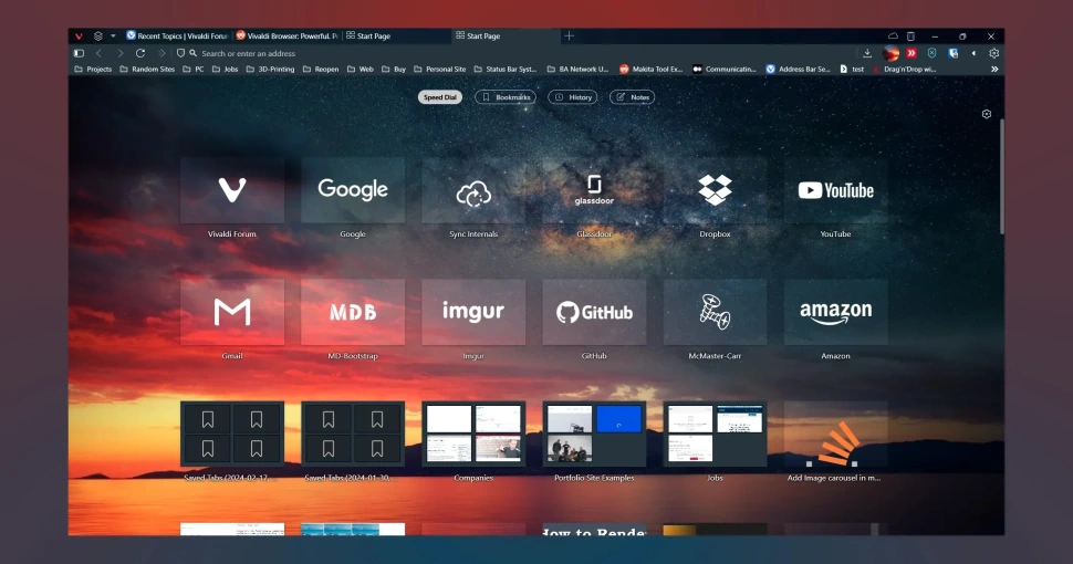 Captura de Vivaldi, navegador ultra personalizable con pestañas apiladas y paneles web.