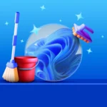 windows 11 being cleaned with a mop bucket and scrubbing brush