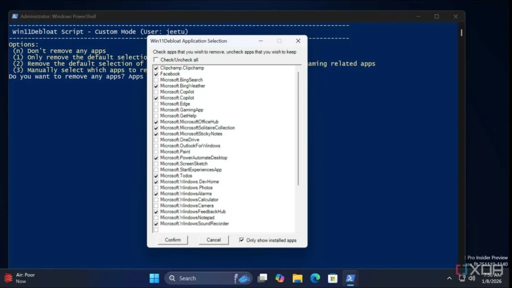 windows11debloat app list screen