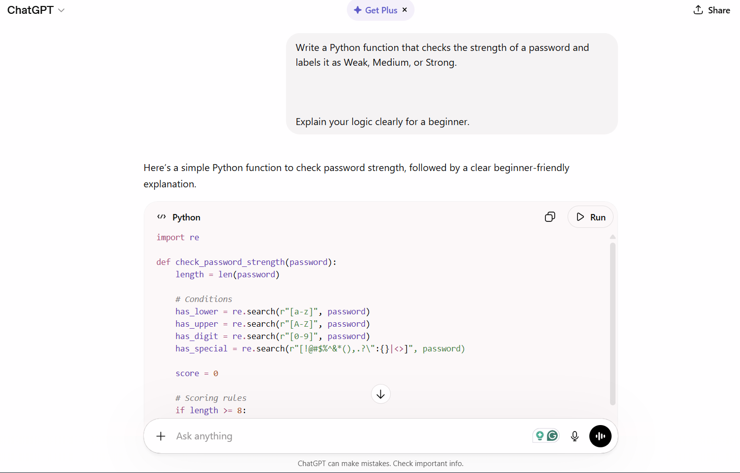 asking chatgpt to make a password strength checker in python