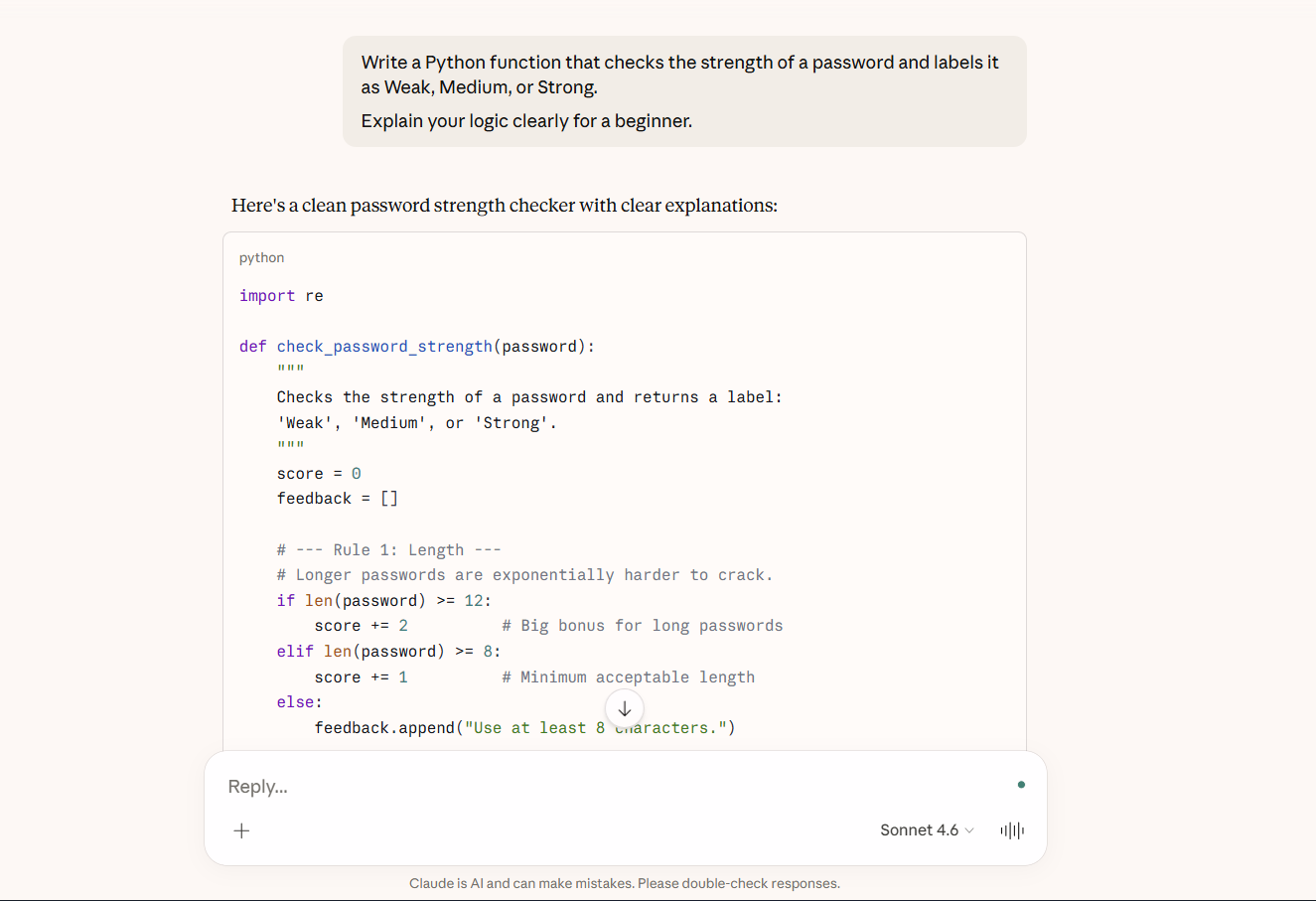 asking claude to make a password strength checker in python