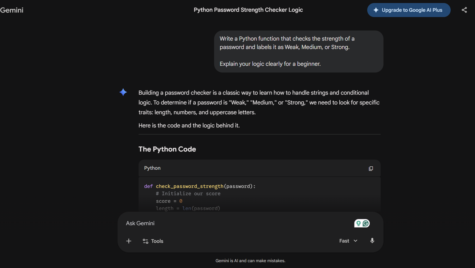 asking gemini to make a password strength checker in python