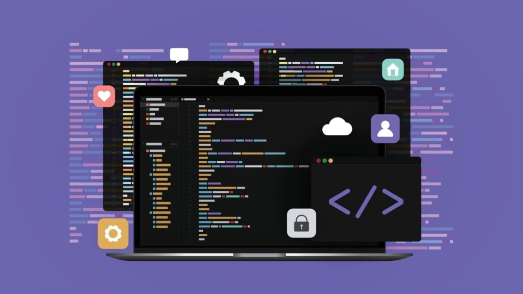 concept of computer programming or developing software laptop computer with code on screen heart message cog home user cloud and lock icons