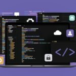 concept of computer programming or developing software laptop computer with code on screen heart message cog home user cloud and lock icons