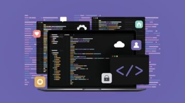 concept of computer programming or developing software laptop computer with code on screen heart message cog home user cloud and lock icons