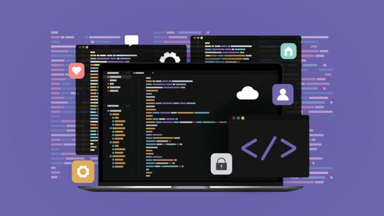 concept of computer programming or developing software laptop computer with code on screen heart message cog home user cloud and lock icons