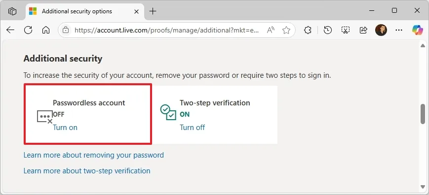 disable paswordless account microsoft account