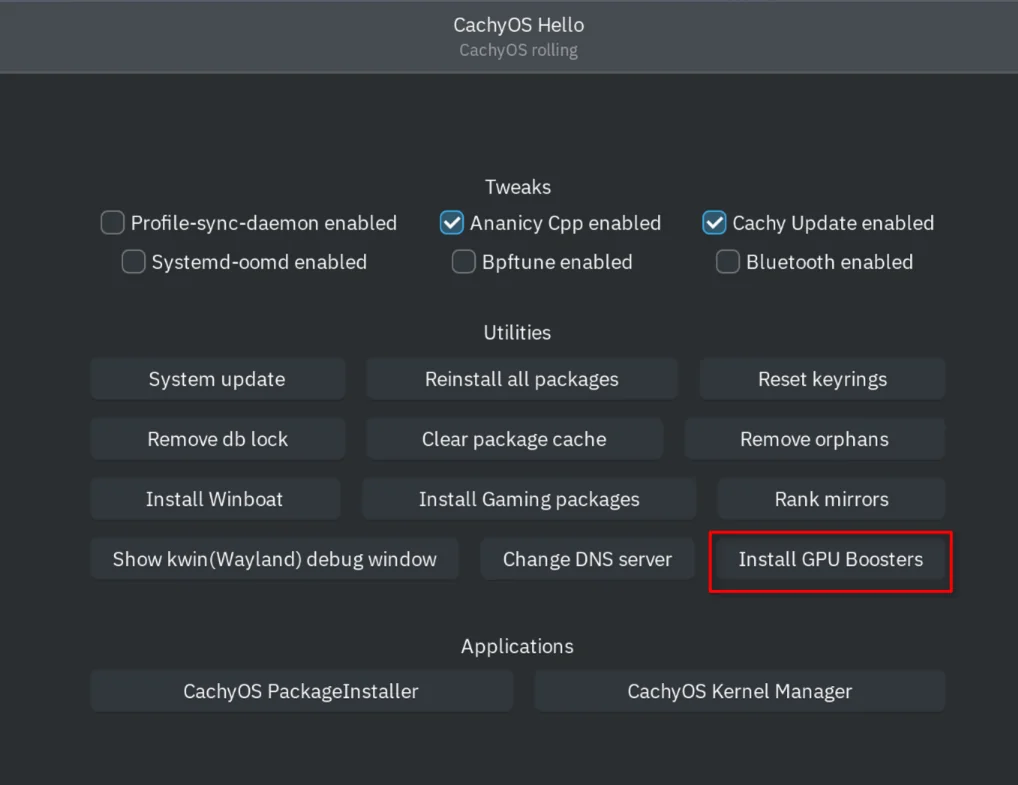 CachyOS mejora el rendimiento en GPUs de 8GB: así puedes activar el nuevo “GPU Booster” 36 install gpu boosters option in cachyos hello after updating v0 gpmopp12i0vg1