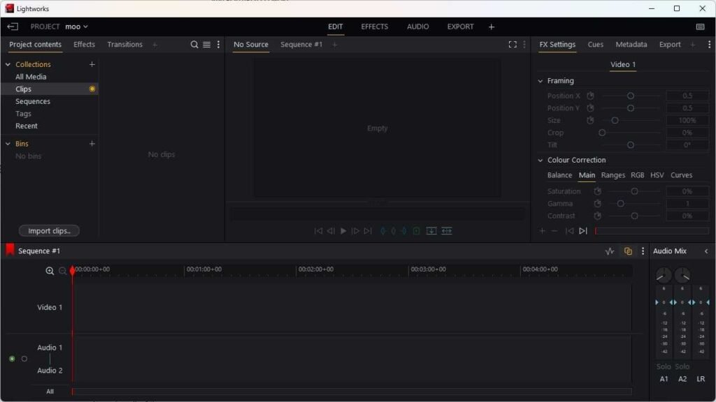 lightworks main menu
