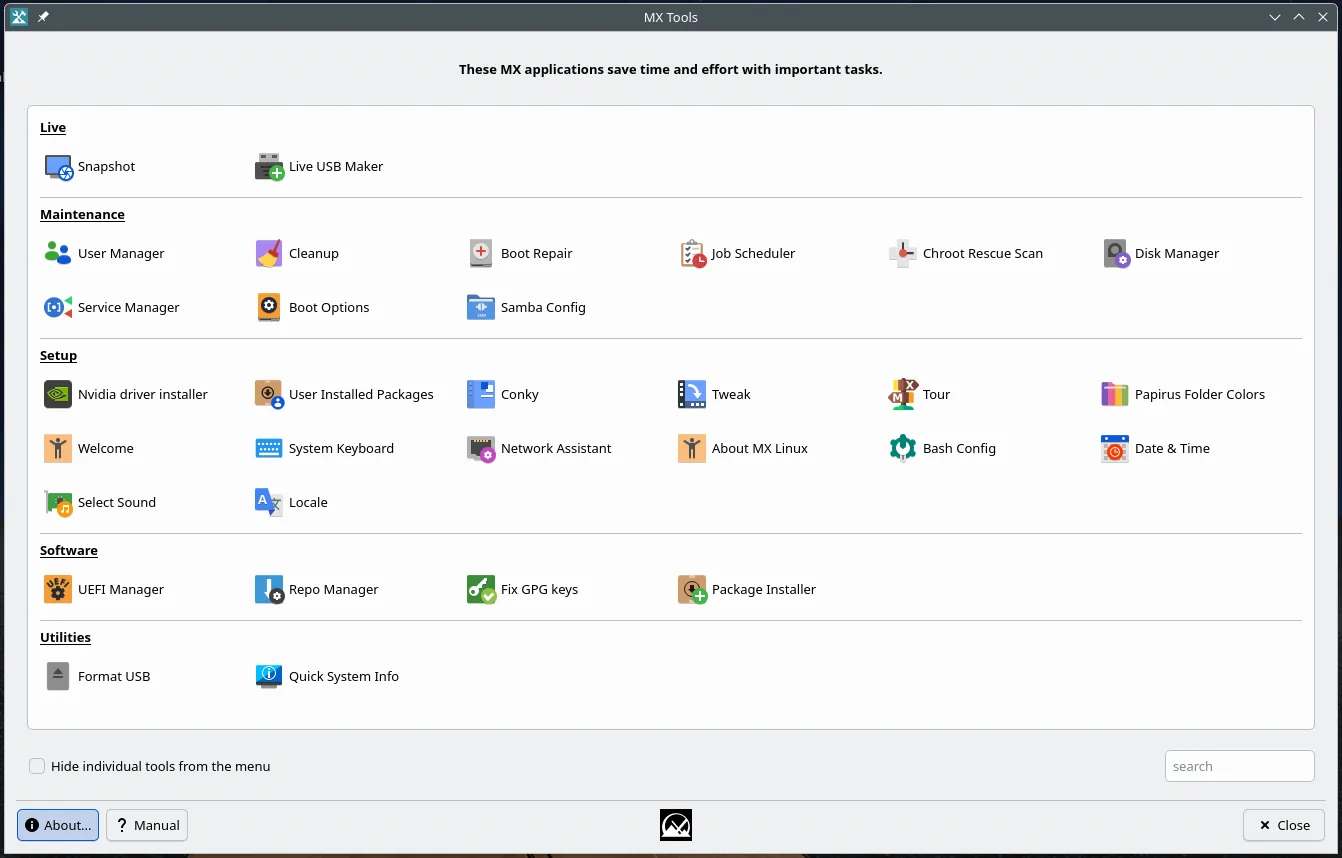 mx tools showing all available graphical tools and settings