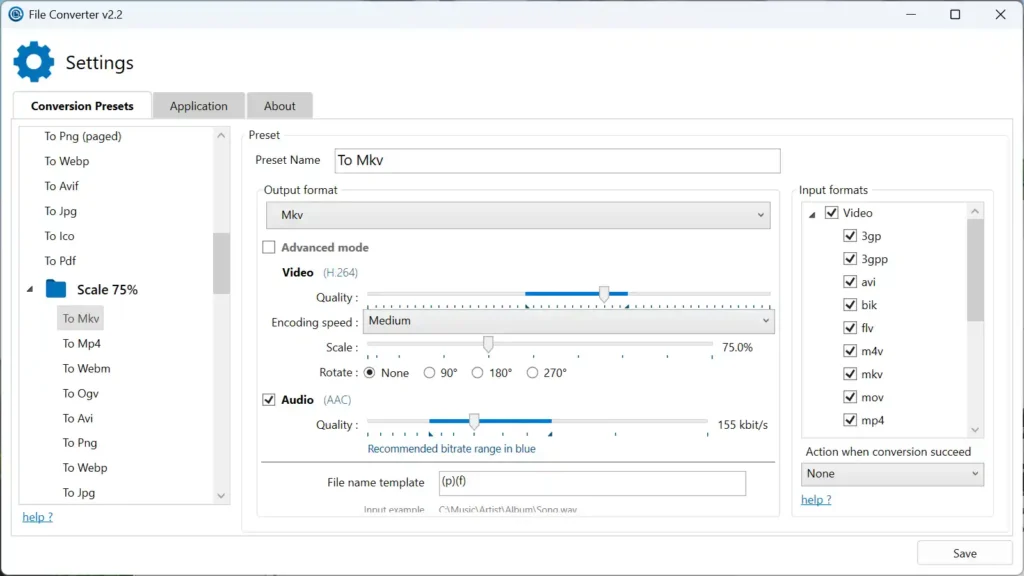 File Converter: convierte archivos al instante desde el clic derecho en Windows 43 option scale mkv input format settings