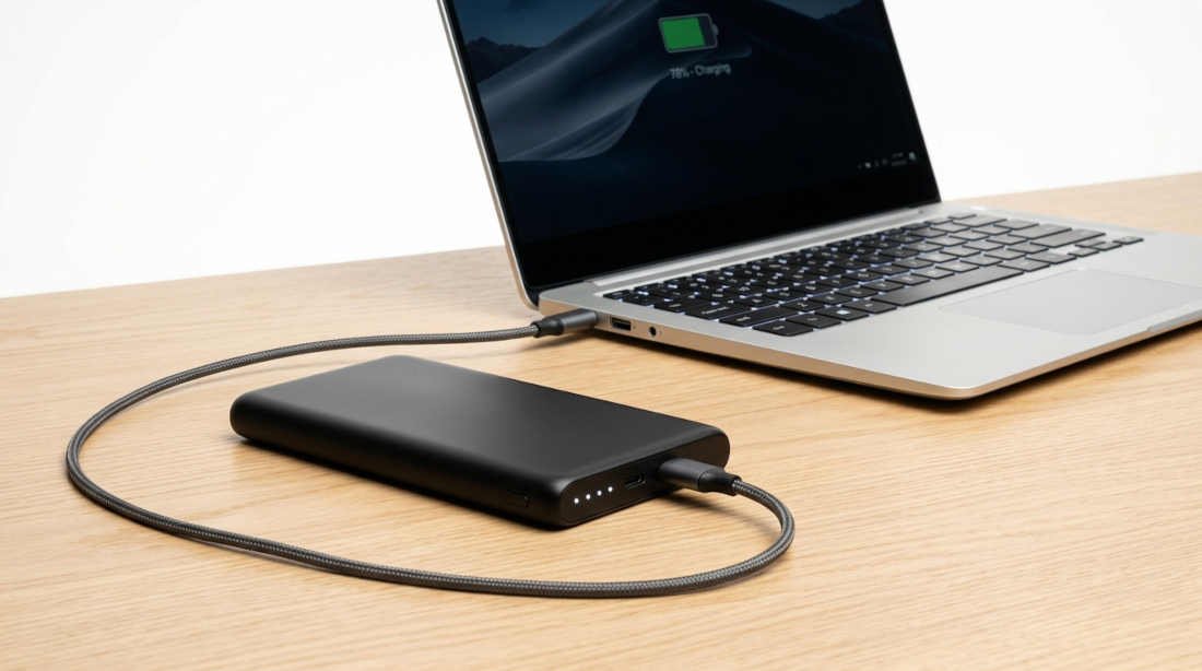 Power bank USB-C de alta capacidad conectado a un portátil ultrabook sobre una mesa de trabajo