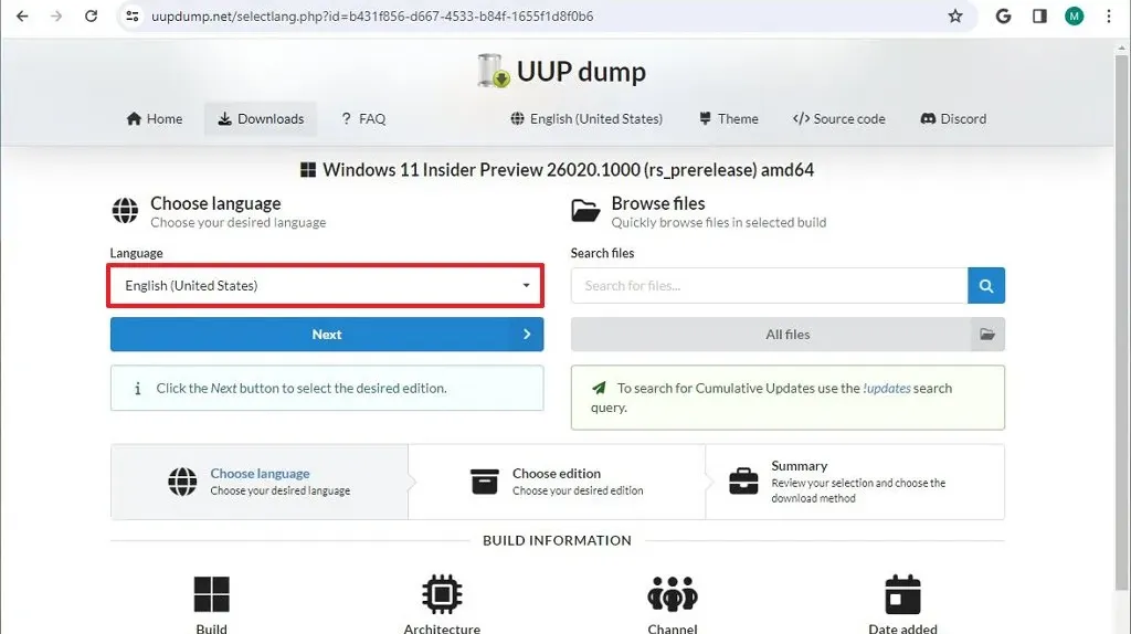 uup dump select iso install language