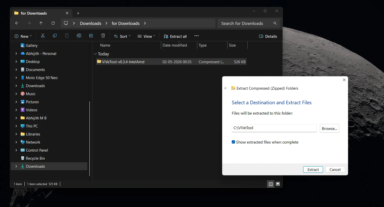 Extract ViVeTool .zip to C drive