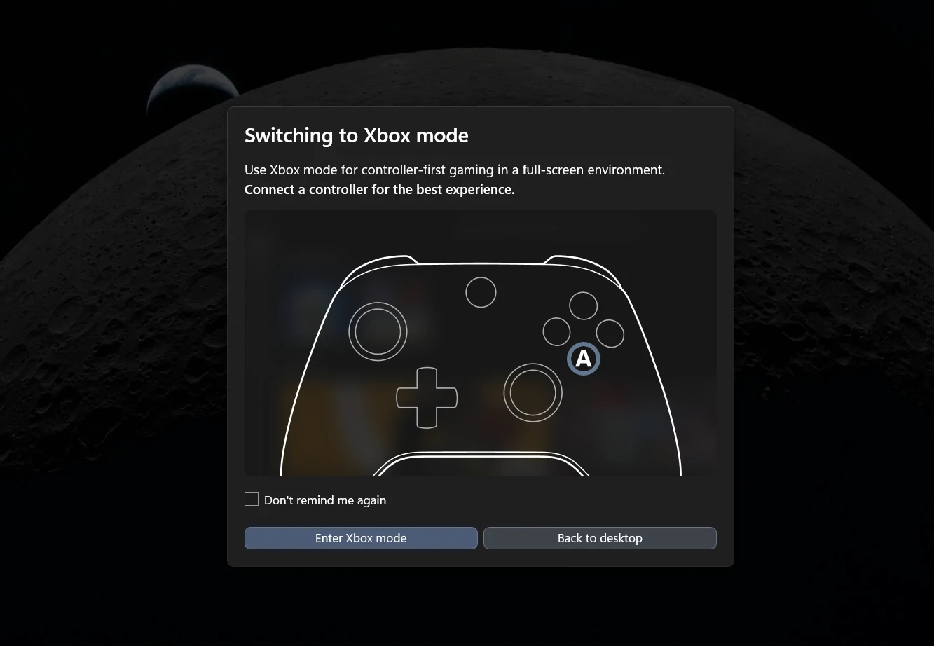 Switching to Xbox Mode shows a warning that it is a control first environment