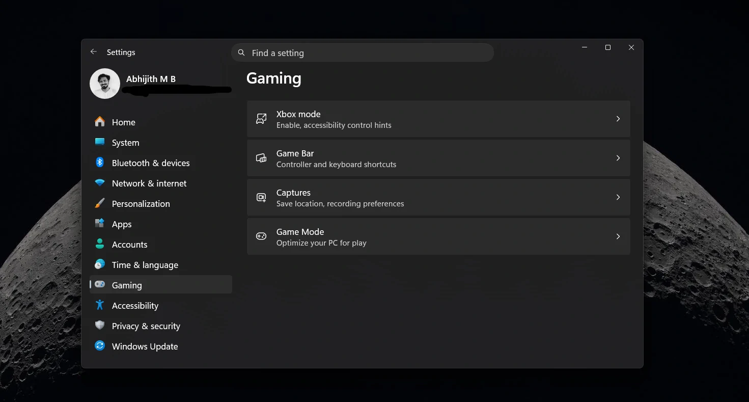 Windows 11 Gaming settings page after getting Xbox Mode