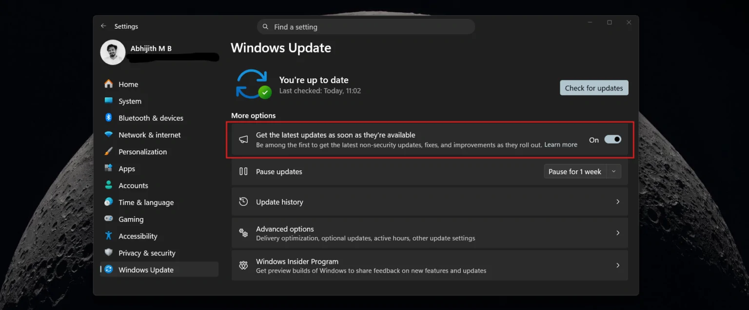 Windows Update page to Check for updates and Get the latest updates as soon as theyre available toggle turned on 1536x637 1