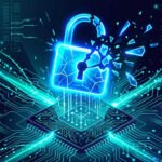 Criptografía post-cuántica: Ilustración de un candado digital fracturándose ante una computadora cuántica, representando la amenaza a la criptografía actual