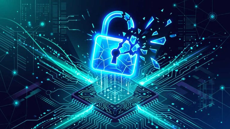 Criptografía post-cuántica: Ilustración de un candado digital fracturándose ante una computadora cuántica, representando la amenaza a la criptografía actual