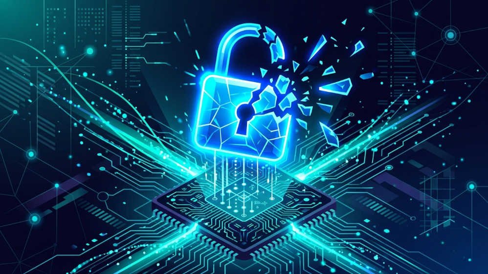 La Criptografía Post-Cuántica: Google fija 2029 como el plazo para proteger el cifrado digital 33 Criptografía post-cuántica: Ilustración de un candado digital fracturándose ante una computadora cuántica, representando la amenaza a la criptografía actual