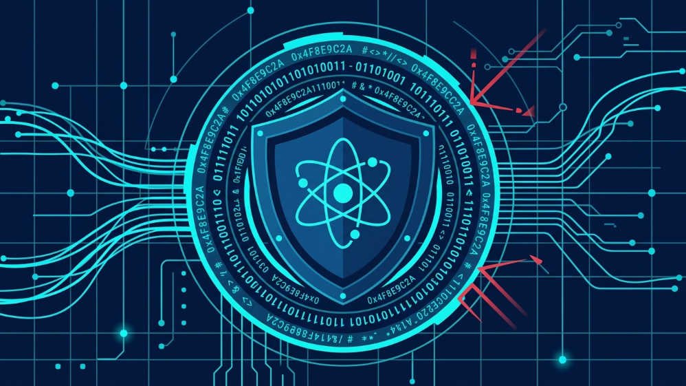La Criptografía Post-Cuántica: Google fija 2029 como el plazo para proteger el cifrado digital 35 Escudo digital con símbolo de átomo cuántico sobre fondo oscuro, representando la protección de la criptografía post-cuántica