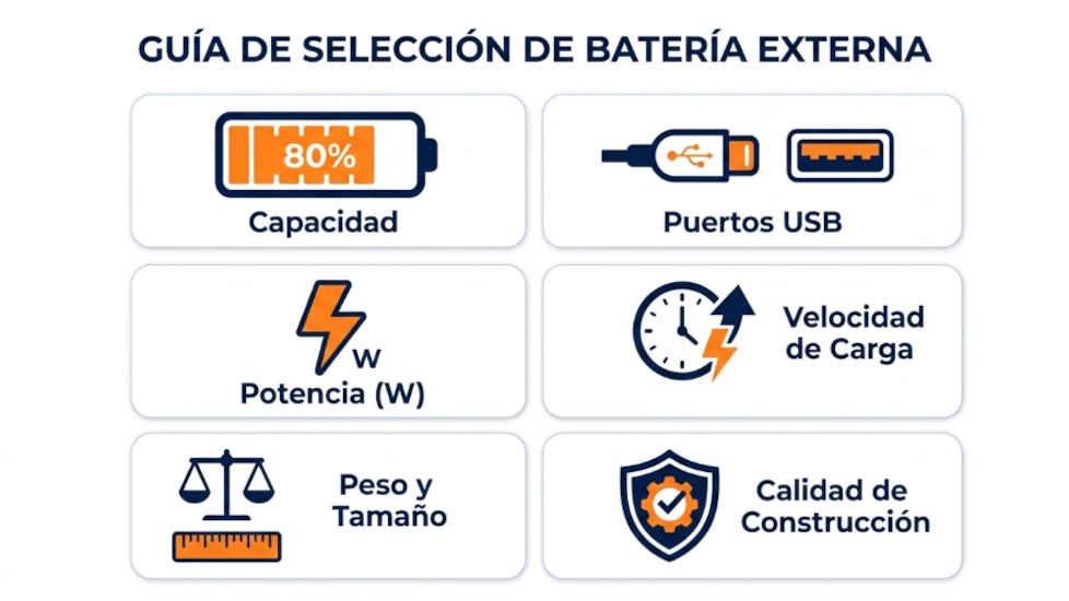 Infografía con los seis factores clave para elegir un power bank: capacidad, puertos, potencia, velocidad de recarga, peso y calidad de construcción