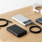 Dos power banks de distintas capacidades junto a un smartphone y auriculares inalámbricos sobre una mesa de madera clara