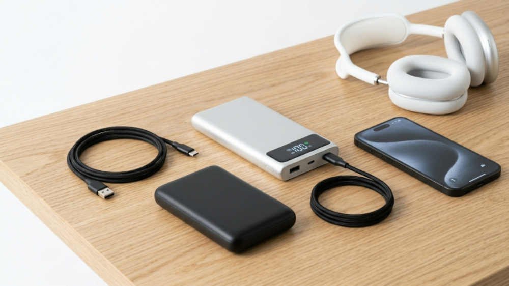 Dos power banks de distintas capacidades junto a un smartphone y auriculares inalámbricos sobre una mesa de madera clara