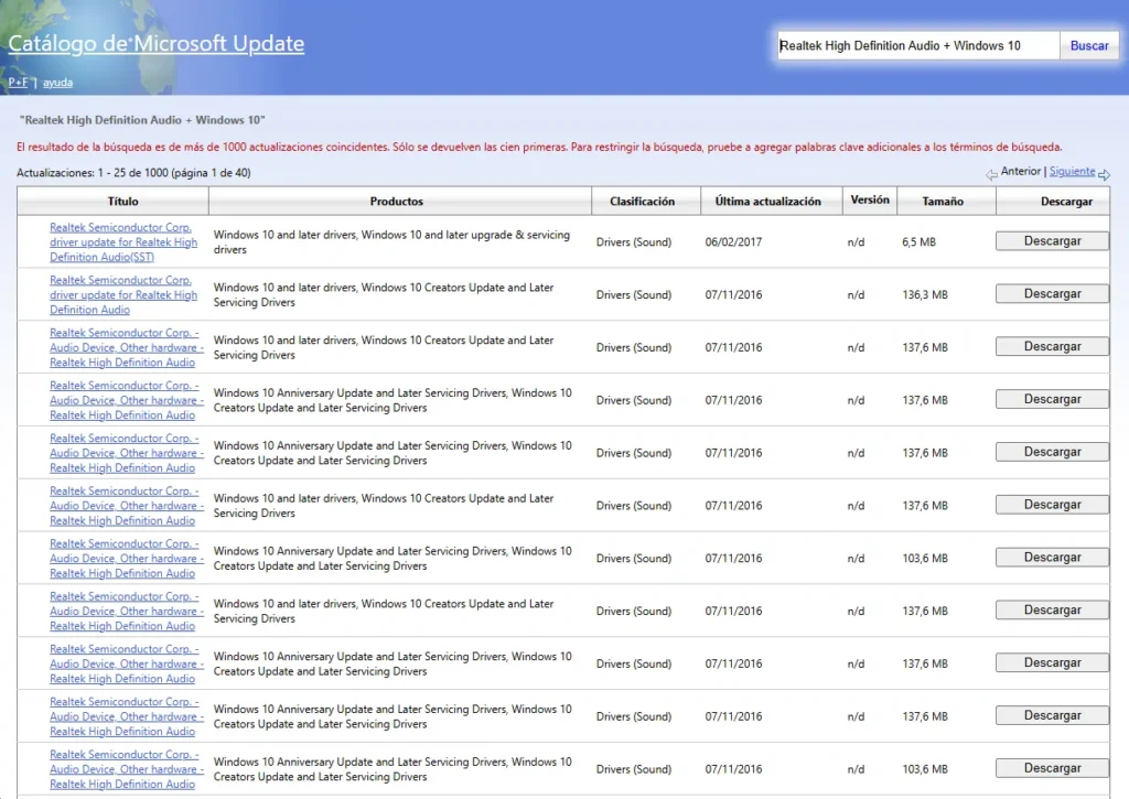 realtek catalogo windows