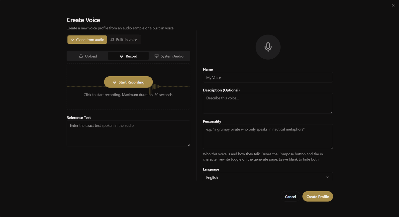 Voicebox: la alternativa gratuita y de código abierto a ElevenLabs 38 recording voice using voicebox to create a profile