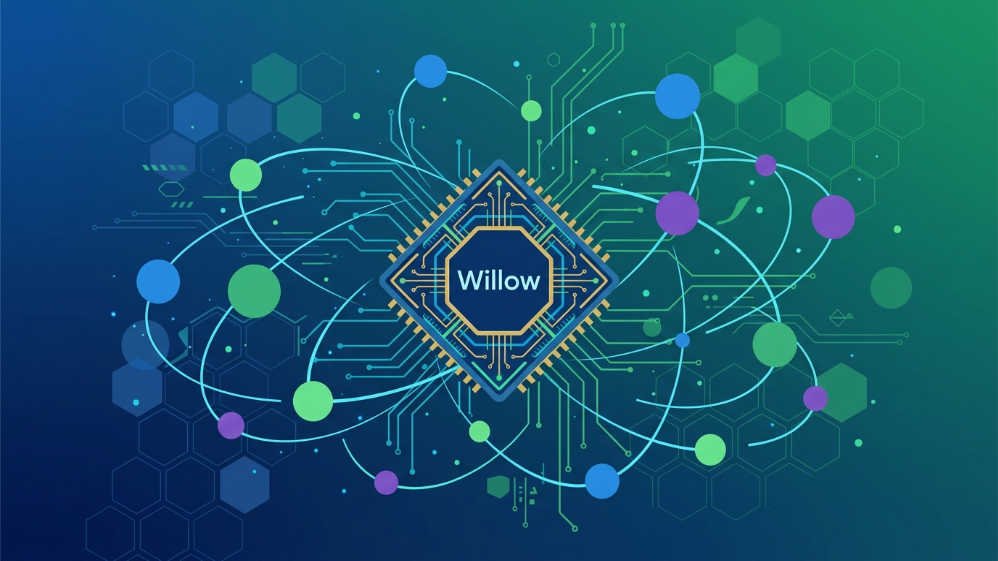 La Criptografía Post-Cuántica: Google fija 2029 como el plazo para proteger el cifrado digital 34 Representación artística del chip cuántico Willow de Google con 105 qubits sobre fondo tecnológico azul y verde