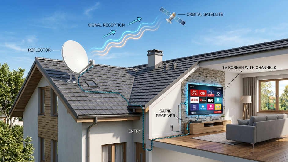 Cómo armar una TV por Satélite de Señal Libre y Gratis en 2026 48 Antena parabólica en techo captando señal FTA de televisión satelital gratis