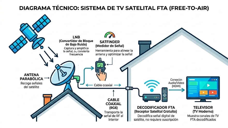 Cómo armar una TV por Satélite de Señal Libre y Gratis en 2026 34 Diagrama de componentes para armar sistema de TV satelital señal libre FTA