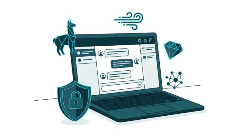 Qué es Ollama: laptop ejecutando modelos de IA locales con Ollama y escudo de privacidad