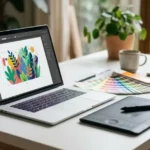 Laptop para diseño gráfico sobre un escritorio con tableta y paleta de colores