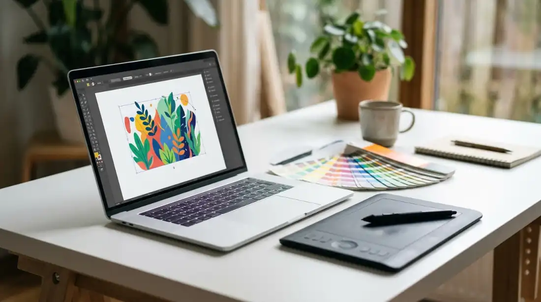 Laptop para diseño gráfico sobre un escritorio con tableta y paleta de colores