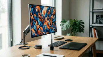 Monitor para diseño gráfico en 2026: cuál comprar según lo que diseñas 42 Monitor para diseño gráfico en un escritorio con calibrador de color y lápiz