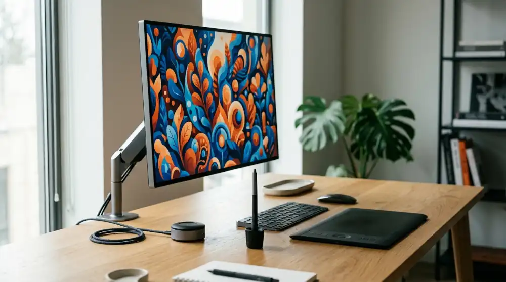 Monitor para diseño gráfico en un escritorio con calibrador de color y lápiz