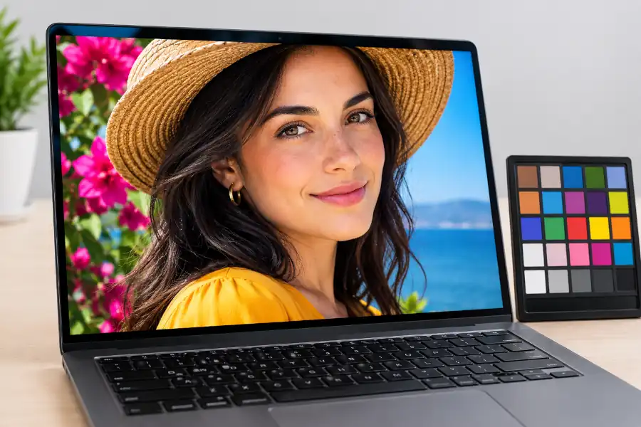 Portátiles para fotografía en 2026: cuál comprar según cómo editas 34 Pantalla de laptop con cobertura de color mostrando un retrato editado