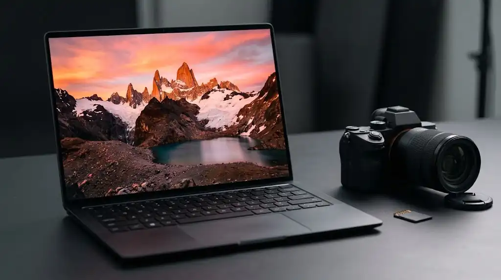 Portátiles para fotografía en 2026: cuál comprar según cómo editas 35 Portátiles para fotografía: portátil, SSD externo, lector SD y cámara sobre un escritorio de fotógrafo