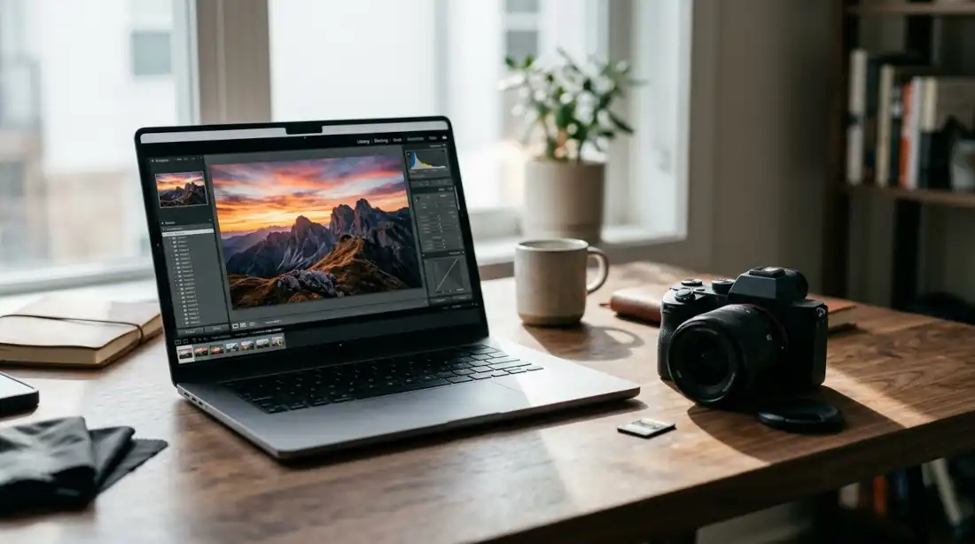 Portátil para fotografía con una foto de paisaje, cámara y tarjeta SD