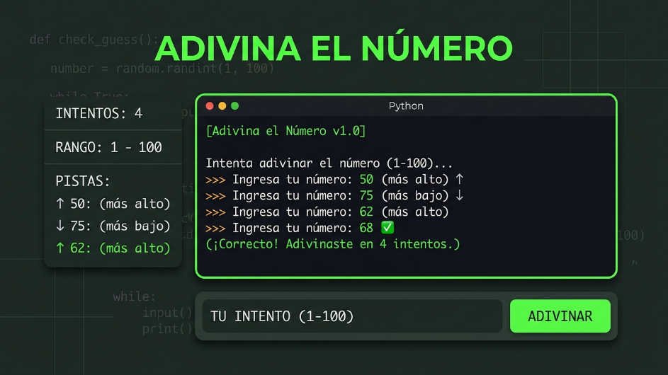 Primeros programas en Python para principiantes: ejercicios paso a paso 34 Primeros programas en Python: proyecto Python para principiantes: juego adivina el número con bucles y condicionales