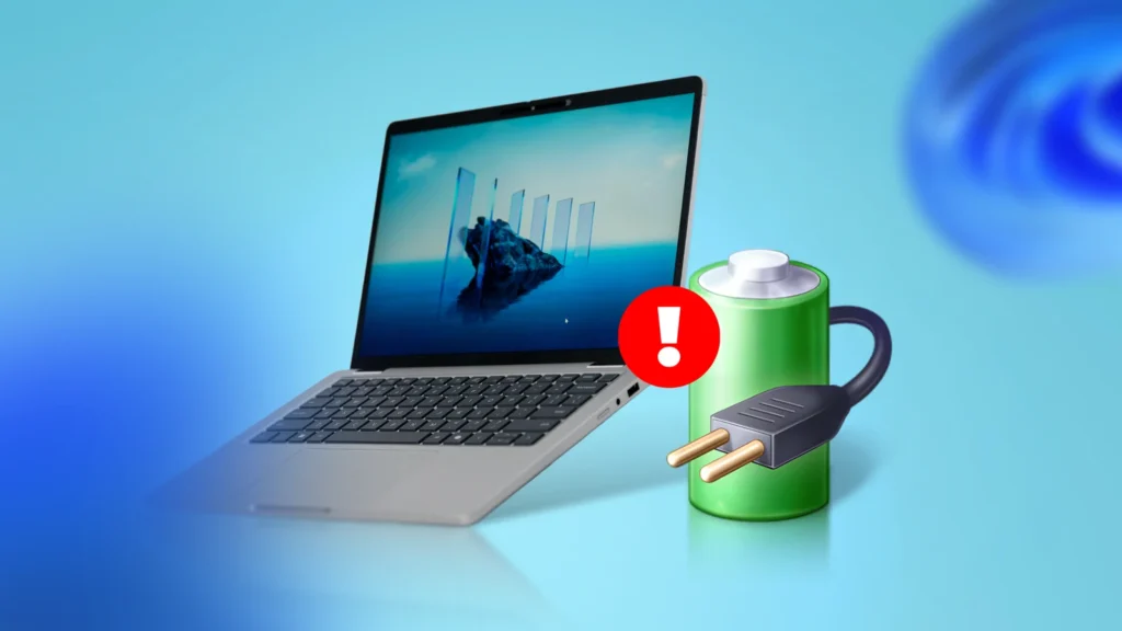 a laptop next to a green battery icon with a power plug and a red warning sign