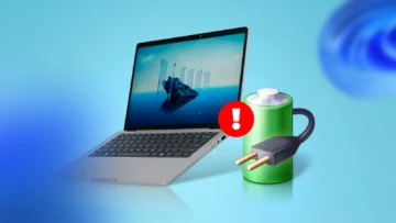 a laptop next to a green battery icon with a power plug and a red warning sign