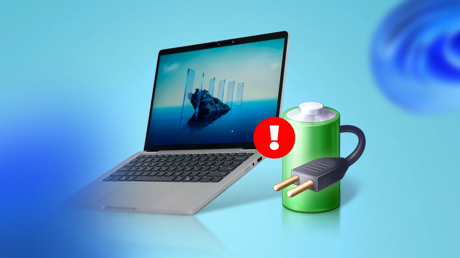 a laptop next to a green battery icon with a power plug and a red warning sign