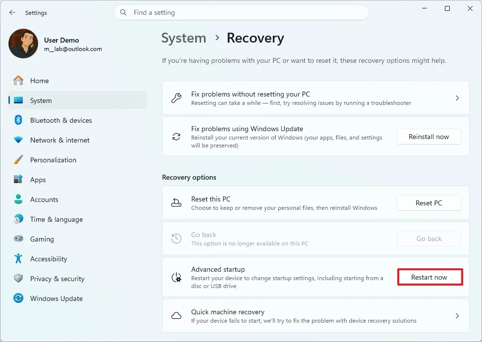 advanced startup restart now windows11