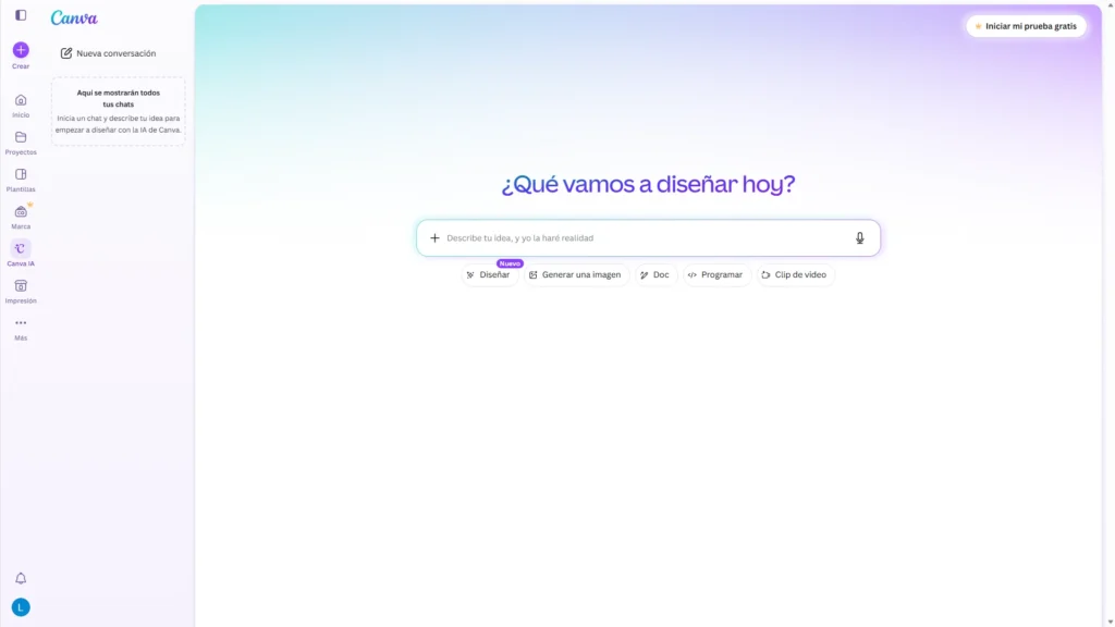 Qué es Canva, para qué sirve y cómo empezar a usarlo 43 Interfaz basada en chat de Canva AI para la generación de imágenes y diseños mediante prompts de texto