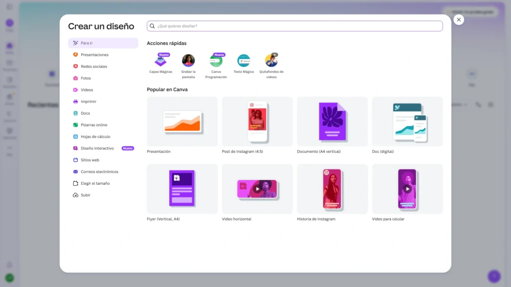 Qué es Canva, para qué sirve y cómo empezar a usarlo 39 Menú desplegable para crear un diseño en Canva